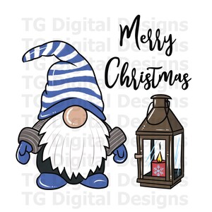 May include: A digital illustration of a Christmas gnome wearing a blue and white striped hat, a white beard, and blue shoes. A brown lantern with a lit candle and the words "Merry Christmas" are also in the image.