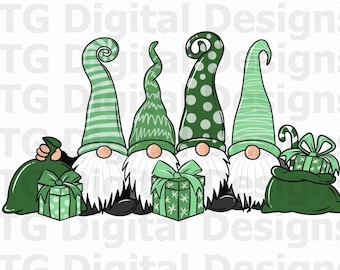 May include: A digital illustration of four gnomes with white beards and green hats. Each gnome has a different hat design, and they are holding gifts and sacks of presents. The image has the text "TG Digital Designs" repeated in the background.