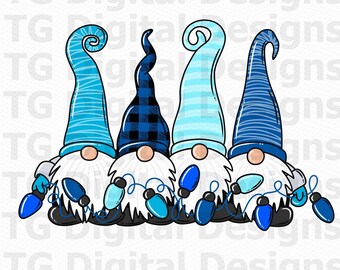 May include: A digital illustration of four gnomes with blue hats and white beards. Each gnome holds a string of blue Christmas lights. The hats feature various patterns, including stripes and plaid. The image has the text "TG Digital Designs" repeated across the background.