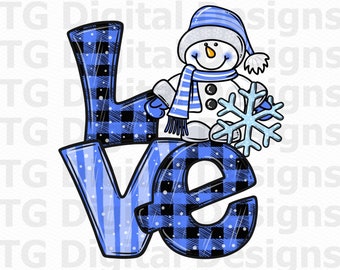 Vintersnögubbe PNG, snöflinga, julsnögubbe PNG, jag älskar snö sublimeringsdesign, blå jul PNG, buffelpläd, digital nedladdning