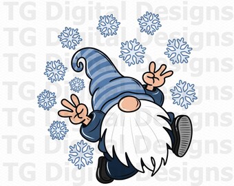 May include: A whimsical cartoon illustration of a gnome in a blue striped hat and outfit, surrounded by snowflakes. The gnome is giving a peace sign with both hands. The image has the text "TG Digital Designs" repeated in the background.