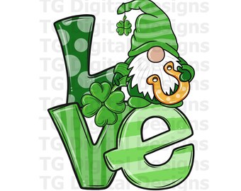 St Patricks Day Gnome PNG Amor PNG Para Sublimación St Patrick's Day Gnome Lucky Clover Shamrock Horseshoe Camiseta Diseño Descargar Archivo Camisa