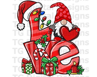 May include: Red and white striped letters spelling "LOVE" with a Christmas gnome holding a red heart in front of the "O". The letters are decorated with candy canes, holly, and Christmas lights. There are two wrapped presents and a candle at the bottom of the image.