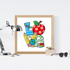 May include: A colorful illustration of the word "LOVE" with school supplies, including pencils, a globe, books, and a red apple with white polka dots.