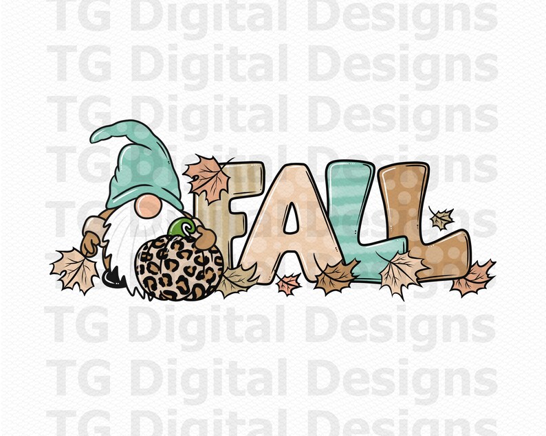 May include: A whimsical fall-themed graphic featuring a gnome with a teal hat and a leopard-print pumpkin. The word "FALL" is displayed in a mix of colors and patterns, surrounded by autumn leaves. A charming design for fall decor.