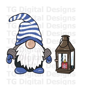 May include: A cartoon illustration of a gnome and a lantern. The gnome has a blue and white striped hat, a white beard, and blue shoes. The brown lantern has a lit candle with a snowflake on it. The image has the text "TG Digital Designs".