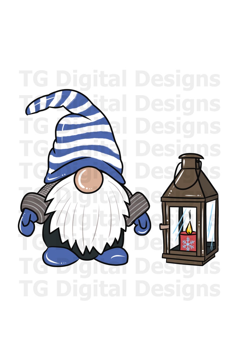 May include: A cartoon illustration of a gnome and a lantern. The gnome has a blue and white striped hat, a white beard, and blue shoes. The brown lantern has a lit candle with a snowflake on it. The image has the text "TG Digital Designs".