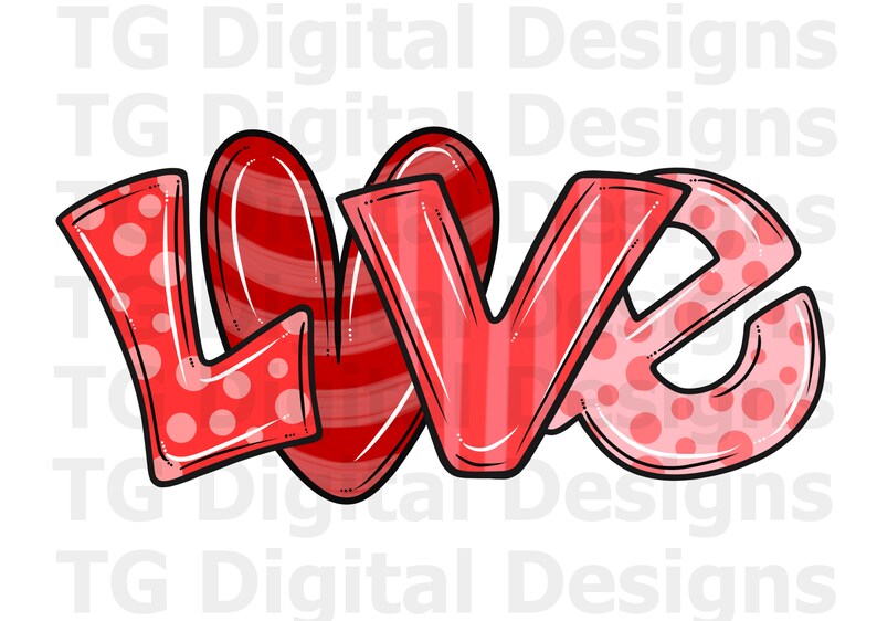 以下が含まれることがあります： 黒いアウトラインの赤い「LOVE」という言葉のグラフィックデザイン。「L」の文字は白い水玉模様の赤、「O」は赤と白のストライプの赤いハート、「V」は赤と白のストライプの赤、「E」は白い水玉模様の赤です。