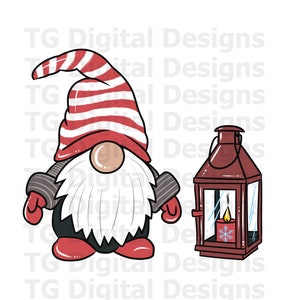 May include: A festive illustration of a gnome and a lantern. The gnome wears a red and white striped hat, a white beard, and red shoes. The lantern is burgundy with a lit candle and a snowflake.