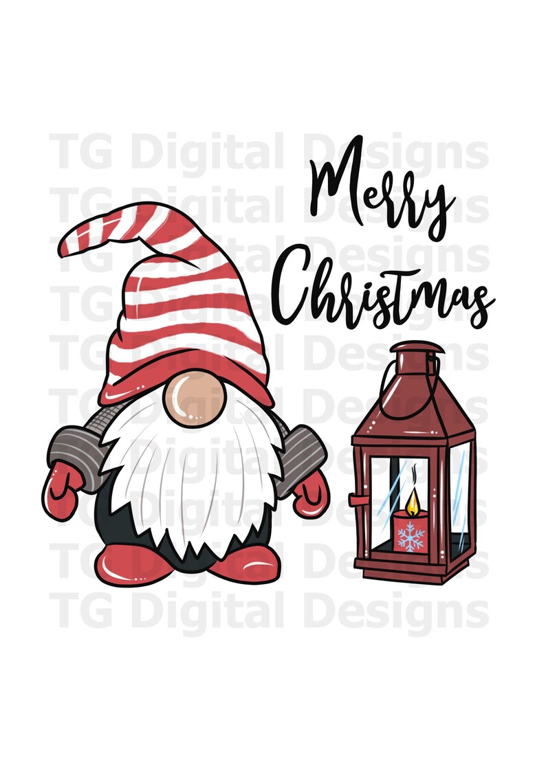May include: A festive illustration featuring a Christmas gnome with a red and white striped hat, a white beard, and a red lantern with a lit candle. The words "Merry Christmas" are written in black script.