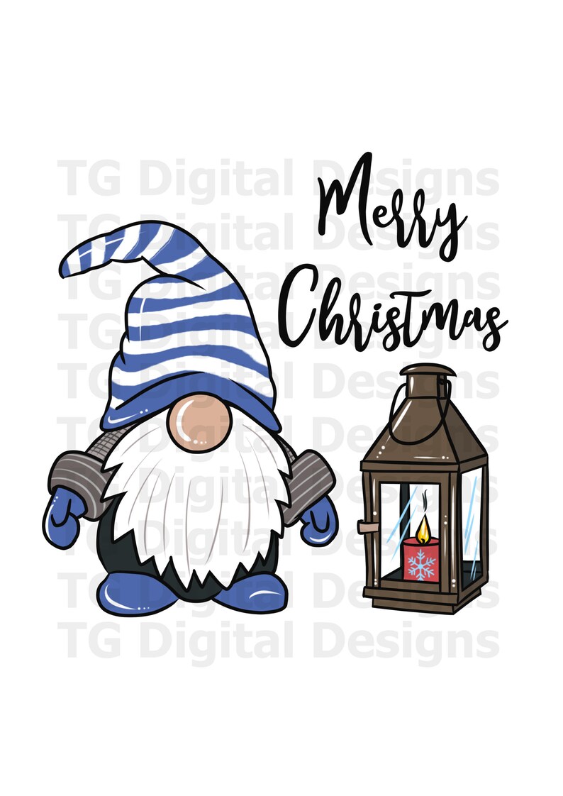 May include: A digital illustration of a Christmas gnome wearing a blue and white striped hat, a white beard, and blue shoes. A brown lantern with a lit candle and the words "Merry Christmas" are also in the image.