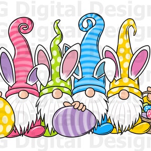 以下が含まれることがあります： ウサギの耳が付いたイースターのノームが4体、イースターエッグを持っています。ノームは、水玉模様とストライプのピンク、グリーン、ブルー、イエローの帽子をかぶっています。ノームは、イエロー、パープル、マルチカラーの卵を持っています。