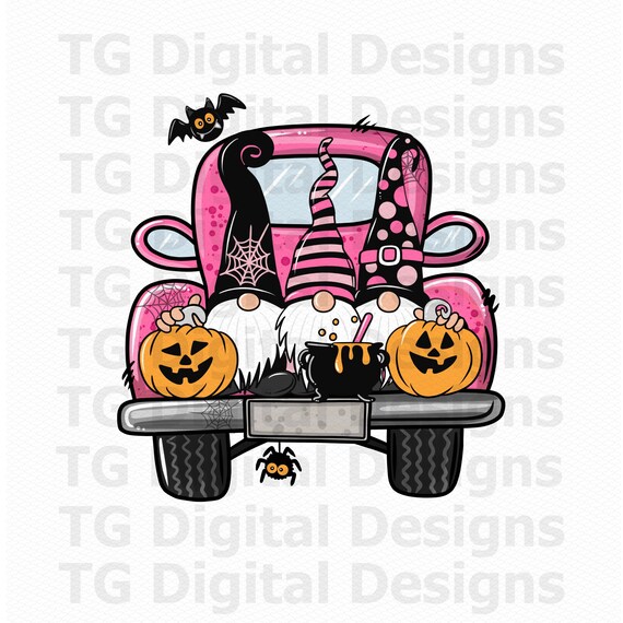 Pink Halloween Truck PNG, Pink Halloween PNG, In October We Wear Pink PNG, Halloween Gnomes, Sublimation Design, Halloween Shirt Design