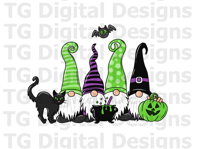 May include: A Halloween-themed illustration featuring four gnomes with pointed hats in green, black, and purple, a black cat, a cauldron, a jack-o'-lantern, and a bat. The gnomes have white beards and are set against a white background.