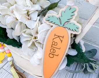 Etiqueta personalizada para canasta de Pascua - Etiqueta personalizada con nombre de zanahoria - Etiqueta de Pascua para niños - Etiqueta con nombre de canasta de Pascua con cinta - Dije de canasta de primavera