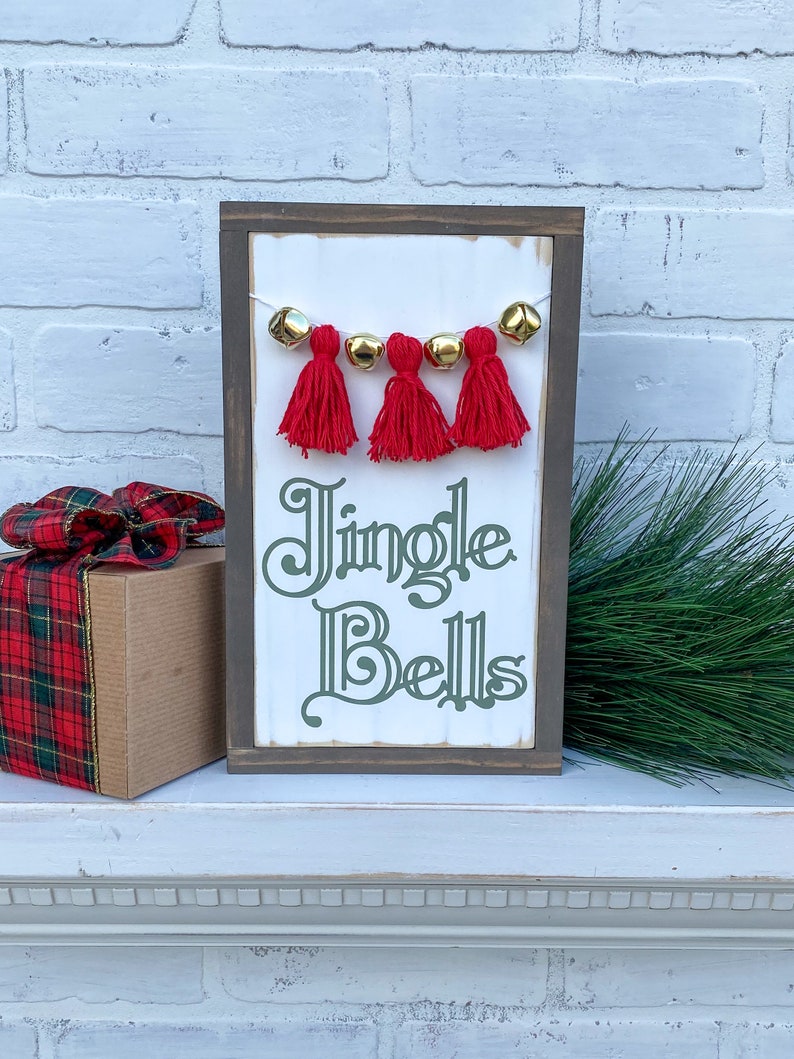 Tiered Tray Sign Jingle Bells Wood Sign Shelf Sitter Holiday Decor 3D Wood Christmas Sign