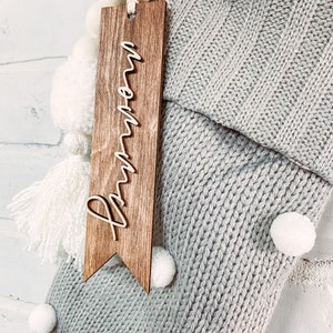 Wood Stocking Tag Ribbon End - Personalized Wood Tag - Custom Name Tag - Christmas Stocking Ribbon End Tag