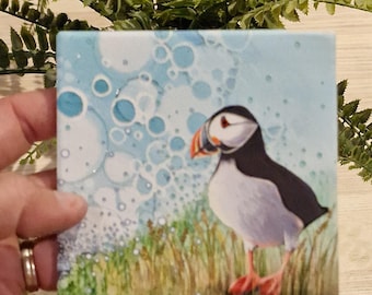 Puffin Coaster: Hand-Painted Ceramic Coaster Set, Bird Lover Gift