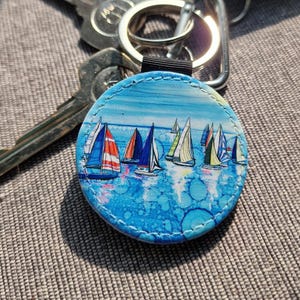 Sailboat Keychain: Faux Leather Nautical Keyring, Hand-Painted Design