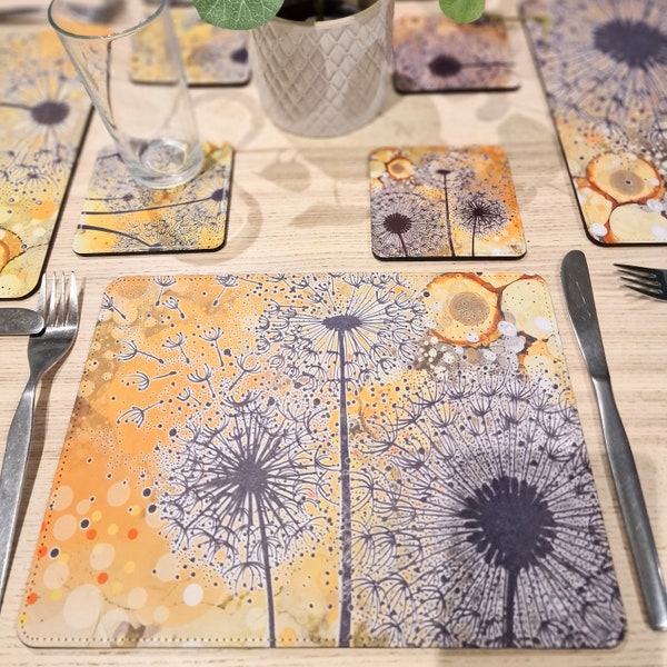 dandelion placemat and coaster set, faux leather, set of 4, set of 6,  dandelion placemats, (28cm x 21cm), Heat Resistant, Easy to Clean