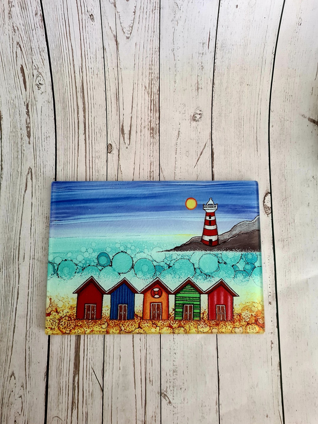 Beach Hut Tempered Glass Chopping Board, Glass Placemats, Beach