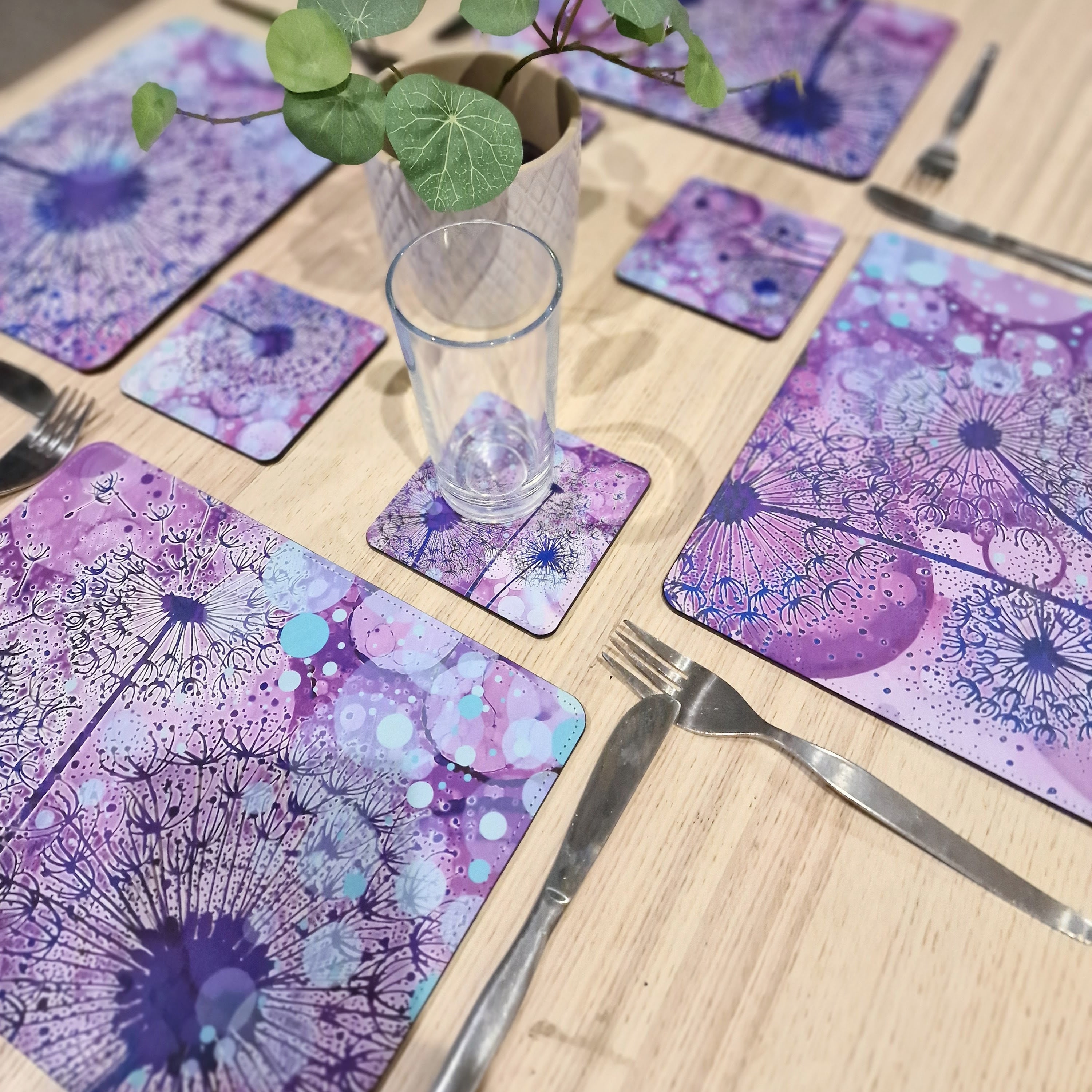 Dandelion Placemat and Coaster Set, Faux Leather, Set of 4, Set of 6,  Dandelion Placemats, 28cm X 21cm, Heat Resistant, Easy to Clean 