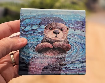Hand-Painted Otter Coaster: Ceramic Cork-Backed Tile (4x4 inches)