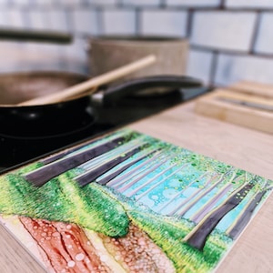 Hand-Painted Tree Ceramic Trivet: Summer Forest Scene Hot Pot Stand