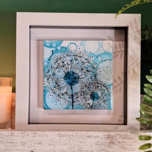 Hand Painted Dandelion Wall Art: Turquoise Floral Picture, Framed Mini Art