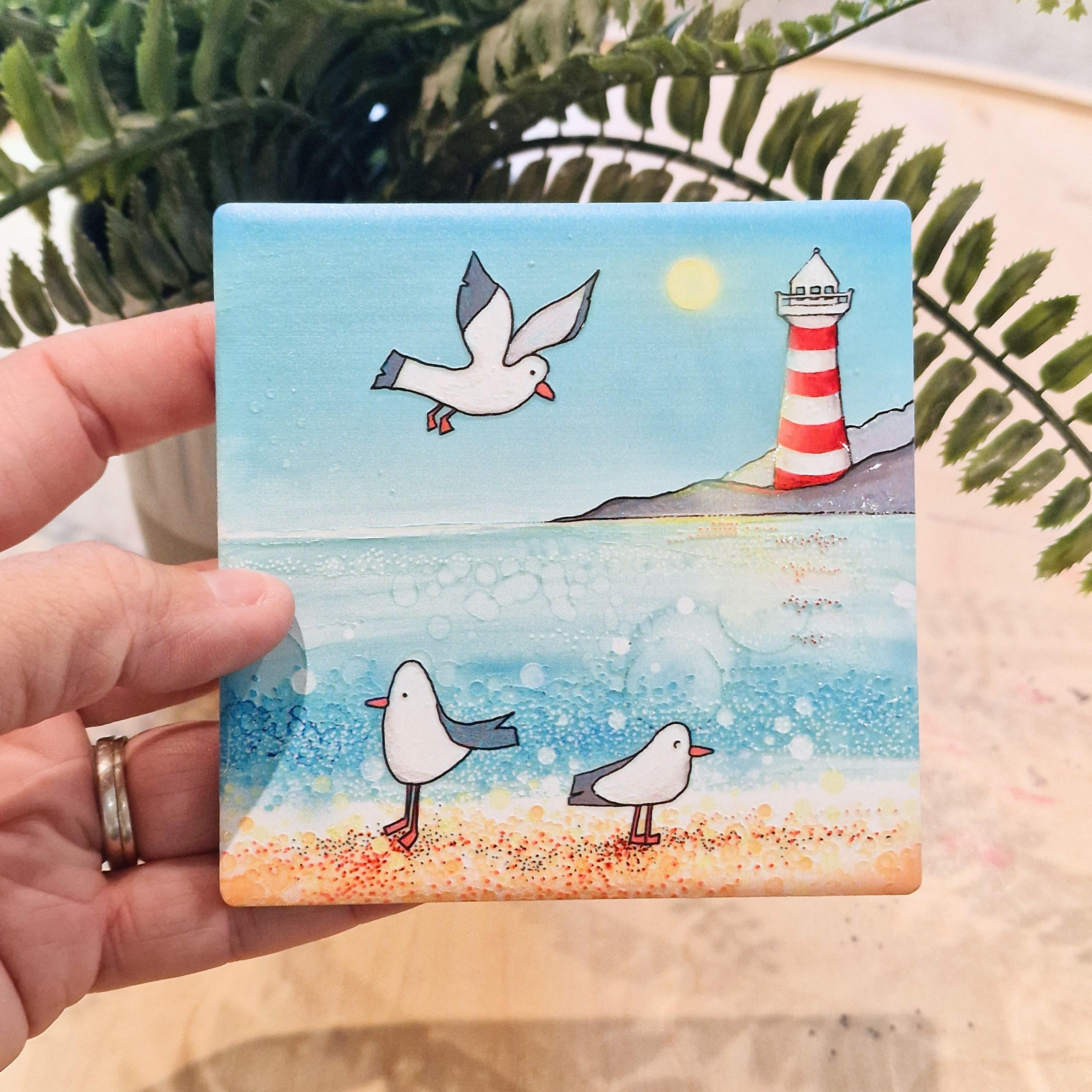 Seagull Ceramic Coaster: Hand-Painted Beach Home Decor