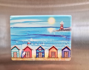 Beach Hut Ceramic Fridge Magnet: Vibrant Coastal Decor