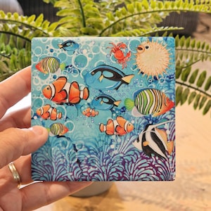 Tropical Fish Ceramic Coaster Set: Hand-Painted Ocean Art