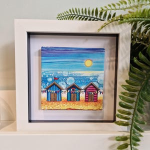 Hand Painted Beach Hut Art: Mini Framed Coastal Decor (5.9in)