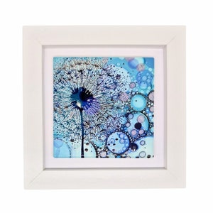 ceramic wall art, mini tile framed art,housewarming,birthday gift,hand painted,home décor,framed picture, blue, purple, spring, dandelions,