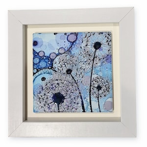 ceramic wall art, mini tile framed art,housewarming,birthday gift,hand painted,home décor,framed picture, blue purple dandelions, flowers