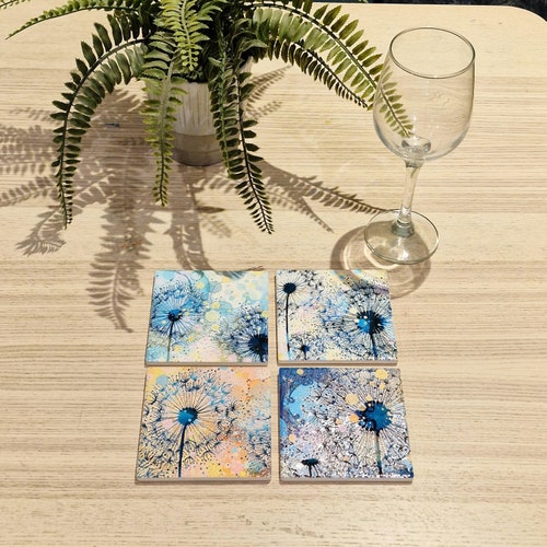 Sous-bocks en céramique pissenlit : art floral peint à la main, lot de 4
