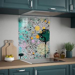 Dandelion Tempered Glass Kitchen Splashback: Green Blue Floral Panel