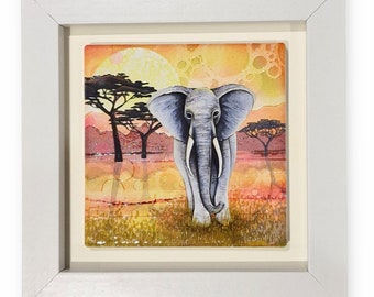 ceramic wall art, mini tile framed art,housewarming,birthday gift,hand painted,home décor,framed picture, elephant, elephant picture,African