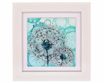 ceramic wall art, mini tile framed art,housewarming,birthday gift,hand painted,home décor,framed picture, turquoise, spring, dandelions,