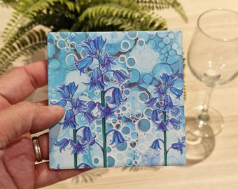 Bluebell Flower Ceramic Coasters: Hand-Painted Floral Coaster Set