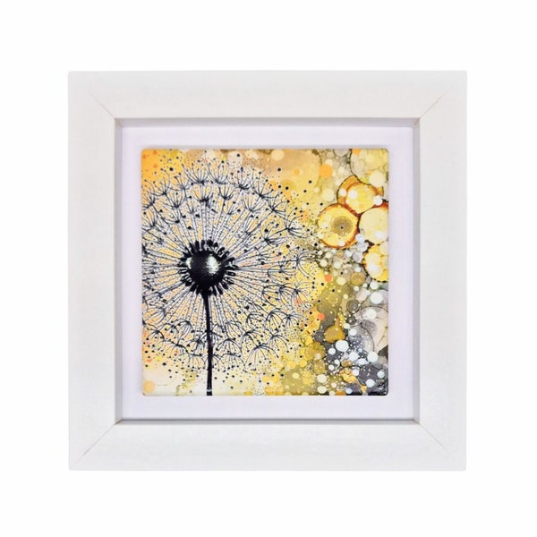 ceramic wall art,small framed wall art,housewarming,birthday gift,hand painted,home décor,framed picture, ochre, spring, dandelions, yellow