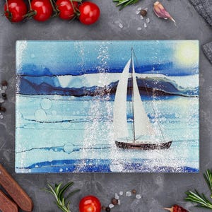 Sailing Boat Glass Chopping Board: Heat-Resistant Worktop Saver