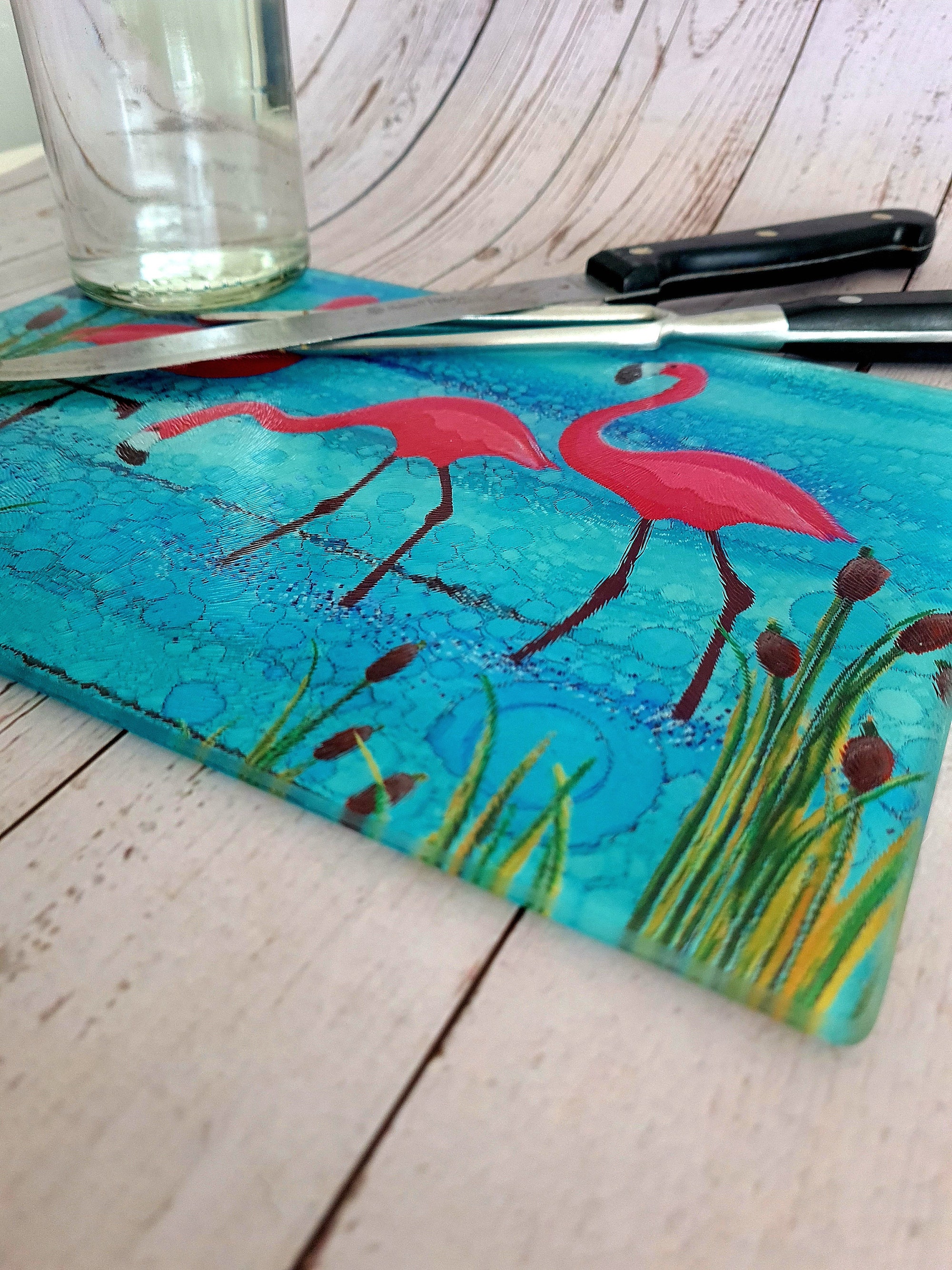 Flamingo Tempered Glass Chopping Board, Glass Placemats, Moonlight Animal, pink flamingo