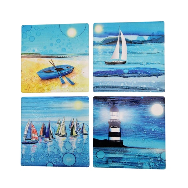 Seaside beach hut coasters,ceramic coasters,Set of 4 Coasters,Hand Painted Coasters,Coffee Tea,Housewarming Gift,Home Decor,Beach, Nautical