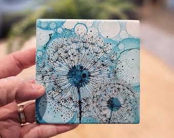 Hand-Painted Dandelion Ceramic Coaster: Turquoise Floral Decor