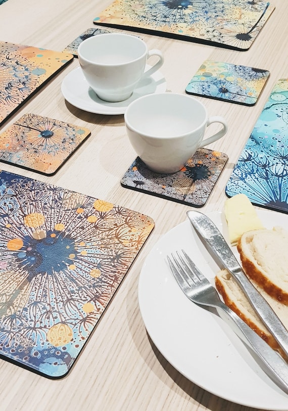 Dandelion Placemat and Coaster Set, Faux Leather, Set of 4, Set of 6,  Dandelion Placemats, 28cm X 21cm, Heat Resistant, Easy to Clean 