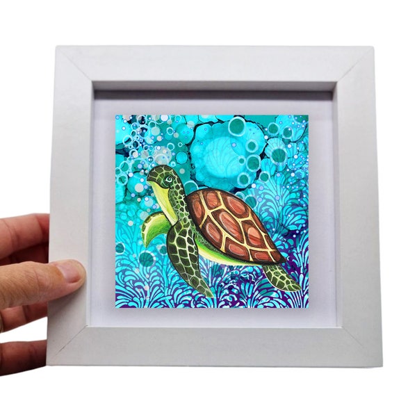 ceramic wall art, mini tile framed art,housewarming,birthday gift,hand painted,home décor,framed picture, turtle, turtle picture, sea animal