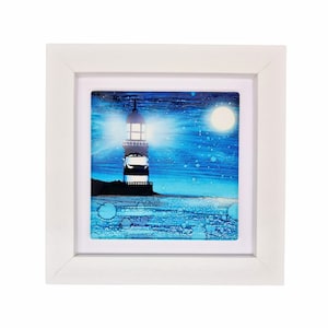 ceramic wall art,small framed wall art,housewarming,birthday gift,hand painted,home décor,framed picture, lighthouse, blue lighthouse,