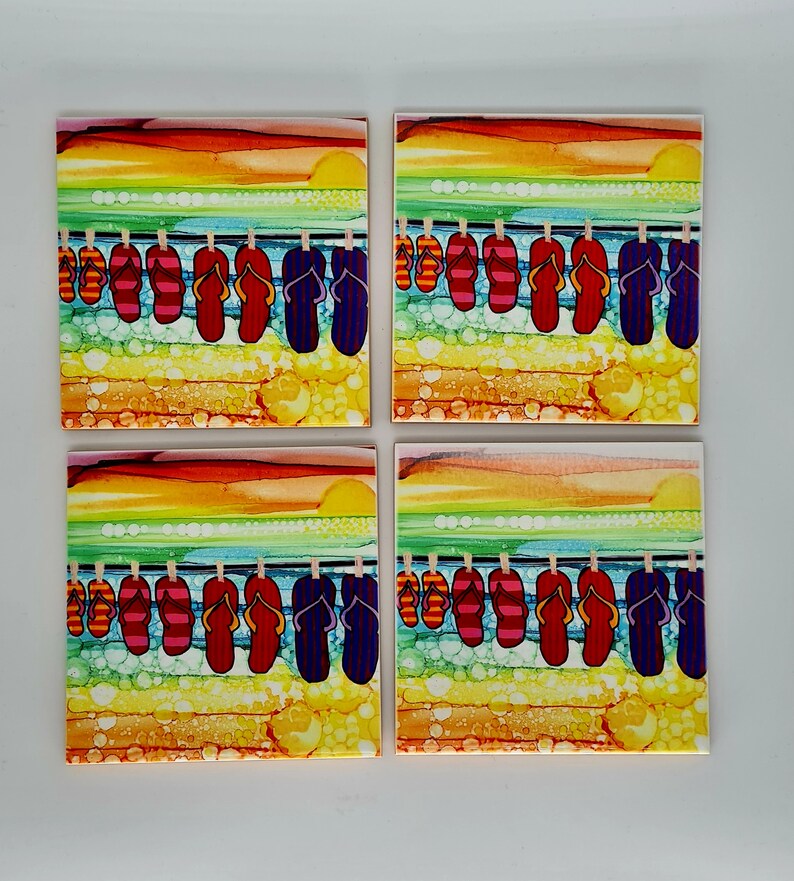 beach decor Ceramic coasters,Set of 4 Coasters,Hand Painted designs,Coffee Tea Coasters,Wine Coasters,Abstract,Housewarming Gift,Home Decor