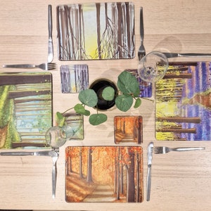 Faux Leather Placemat and Coaster Set: Seasonal Forest Design